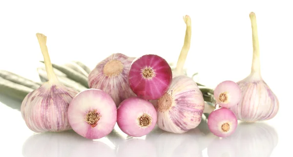 Young onions and garlic on white background close-up — Stock Photo, Image