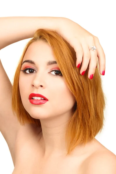 Portret van sexy jonge vrouw met glamour make-up en rode manicure — Stockfoto