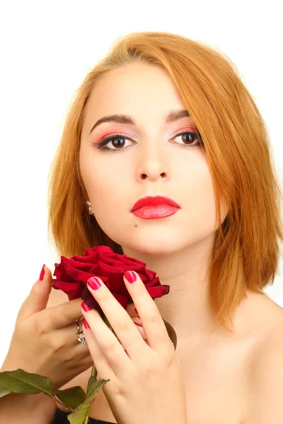 Retrato de mujer joven sexy con rosa roja — Foto de Stock
