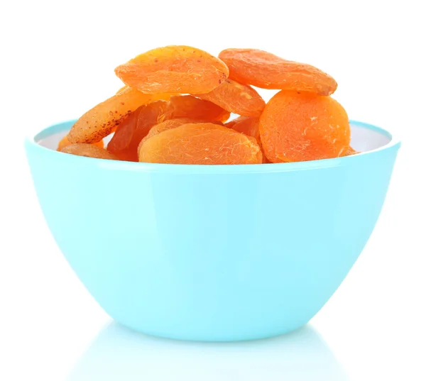 stock image Delicious dried apricots in bright bowl isolated on white