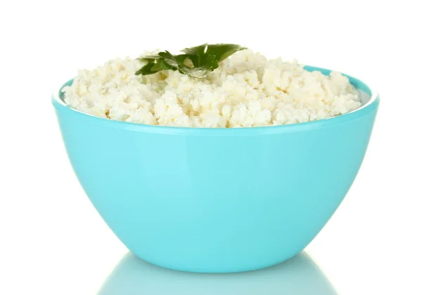 Cottage cheese with parsley in blue bowl isolated on white — Stock Photo, Image