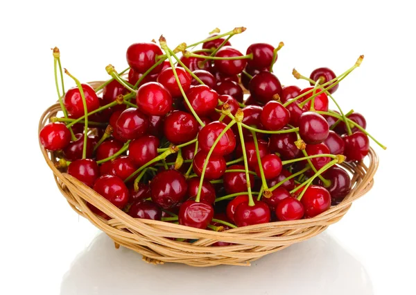 Ripe cherry berries in basket isolated on white — Stock Photo, Image