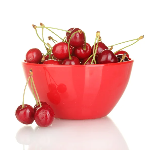 Cherry in a red bowl isolated on white — Stock Photo, Image