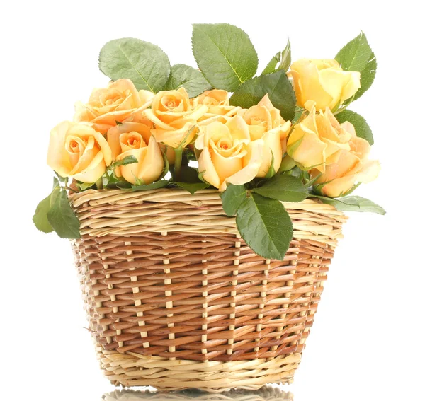 束美丽的玫瑰在篮子上白色隔离 — 图库照片