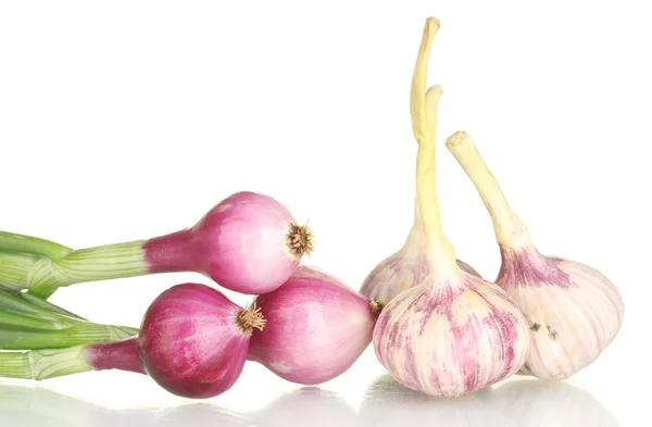 Young onions and garlic on white background close-up — Stock Photo, Image