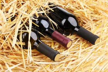 Bottles of great wine on hay clipart