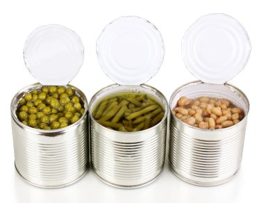 Open tin cans of french bean, beans and peas isolated on white clipart