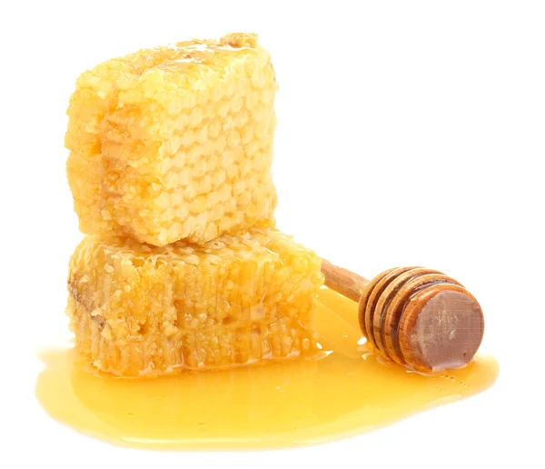 Gyllene honungskakor med honung isolerad på vit — Stockfoto