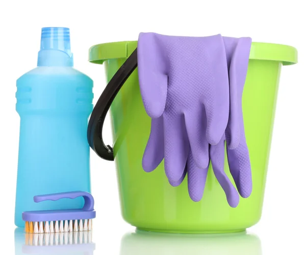 Detergent and bucket with gloves isolated on white — Stock Photo, Image