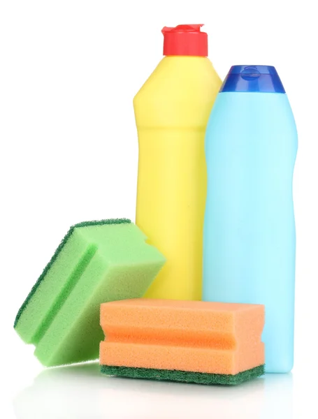Liquidi per lavaggio stoviglie e spugna isolati su bianco — Foto Stock