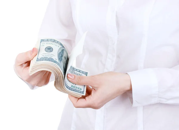Dólares americanos falsos em uma mulher mãos em um fundo branco — Fotografia de Stock