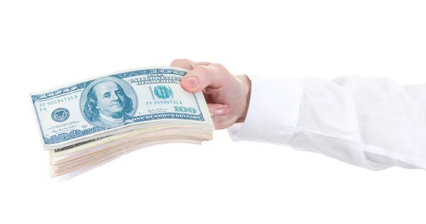 Amerikanische Dollars in einer Frauenhand auf weißem Hintergrund — Stockfoto