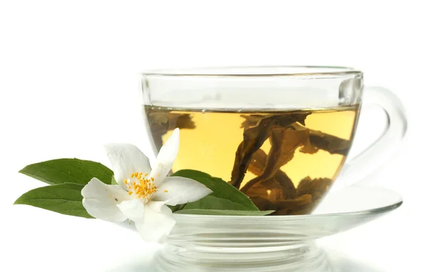 Tazza di tè verde con fiori di gelsomino isolati su bianco — Foto Stock
