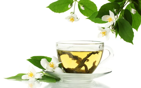 Tasse de thé vert avec des fleurs de jasmin isolé sur blanc — Photo