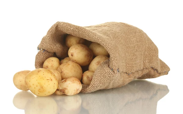 Jeunes pommes de terre dans un sac isolé sur gros plan blanc — Photo