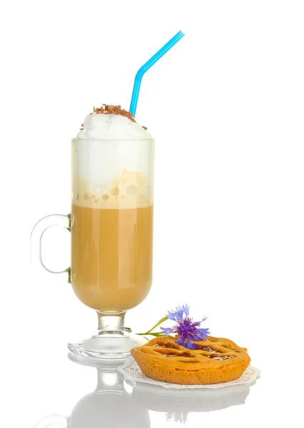 Glass of coffee cocktail with tart on doily and flower isolated on white — Stock Photo, Image