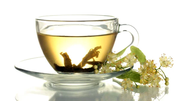 Kopp linden te och blommor isolerad på vit — Stockfoto