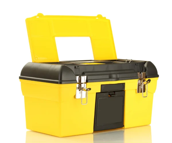 Open yellow tool box isolated on white close-up — Stock Photo, Image