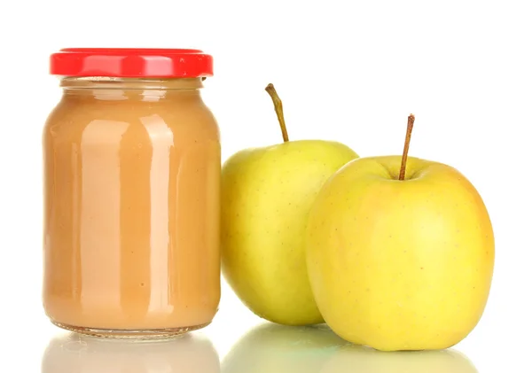 Jar with apple baby food isolated on white — Stock Photo, Image