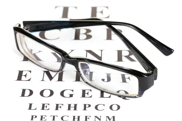 Grafico di prova della vista con gli occhiali primo piano — Foto Stock