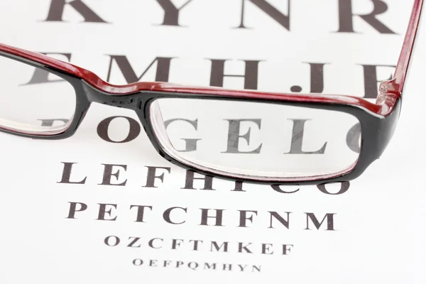 Grafico di prova della vista con gli occhiali primo piano — Foto Stock
