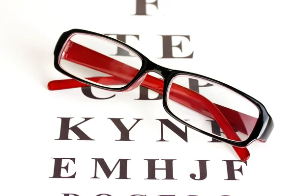 Látás teszt diagram szemüveg közelről — Stock Fotó
