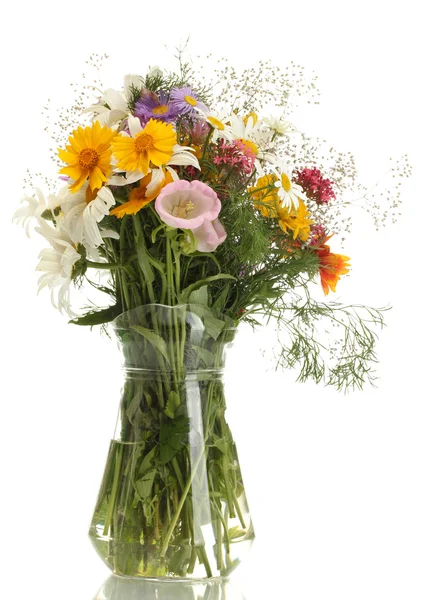 stock image Beautiful bouquet of bright wildflowers in glass vase, isolated on white