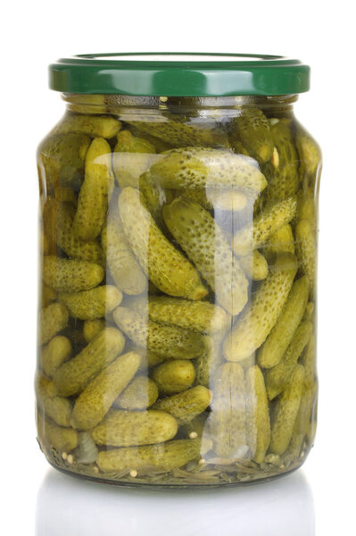 Jar of canned cucumbers isolated on white