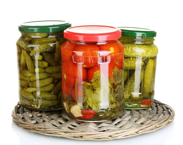 Jars of canned vegetables isolated on white — Stock Photo, Image
