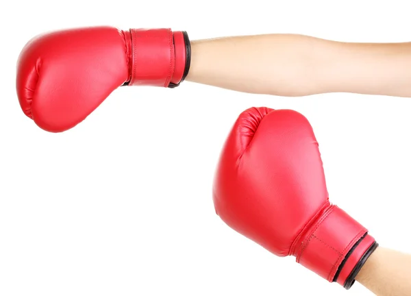 Red boxing gloves on hands isolated on white — Stock Photo, Image