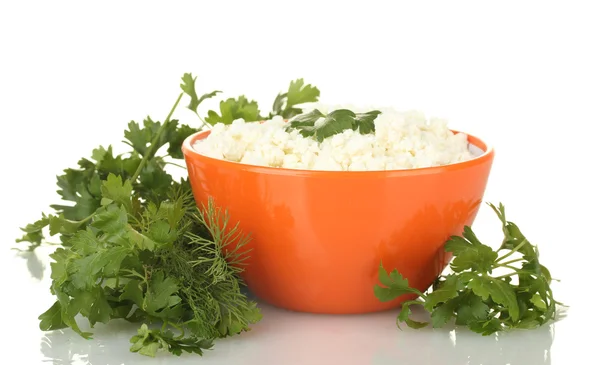 Cottage cheese with parsley and dill in orange bowl isolated on white — Stock Photo, Image