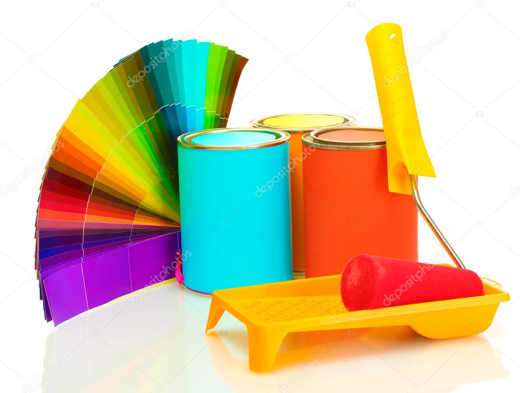 Tin cans with paint, roller, brushes and bright palette of colors isolated on white