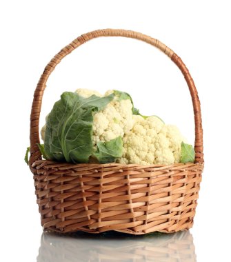 Fresh cauliflowers in basket, isolated on white clipart