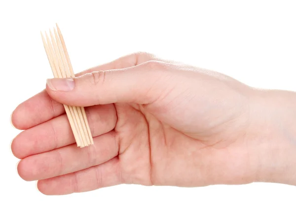 Toothpicks in hand isolated on white — Stock Photo, Image
