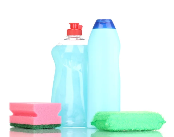 Dishwashing liquids and sponge isolated on white — Stock Photo, Image