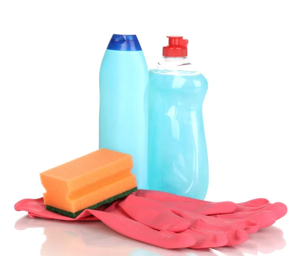 Dishwashing liquids with gloves and sponge isolated on white — Stock Photo, Image