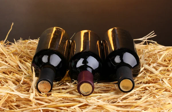 Bottles of great wine on hay on brown background — Stock Photo, Image
