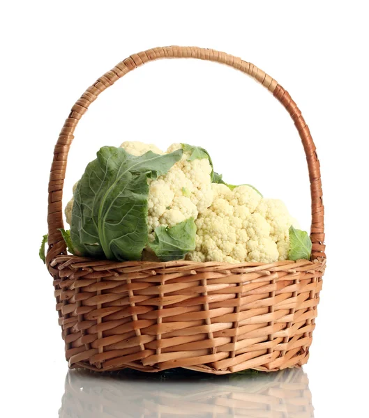 stock image Fresh cauliflowers in basket, isolated on white
