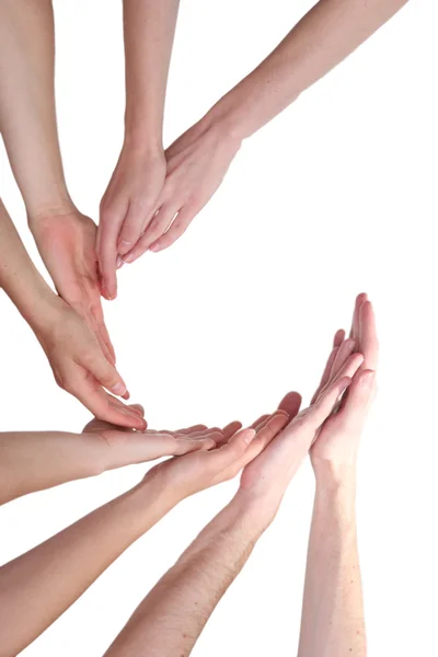 Grup genç'in eller üzerinde beyaz izole — Stok fotoğraf