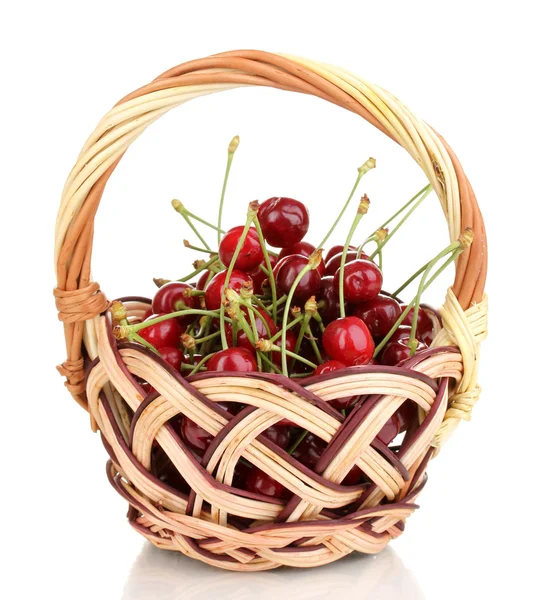 Ripe cherry berries in basket isolated on white — Stock Photo, Image