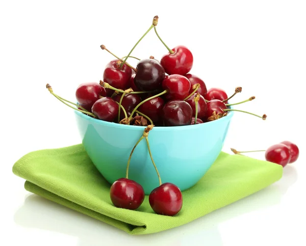Ripe cherry berries in bowl isolated on white — Stock Photo, Image