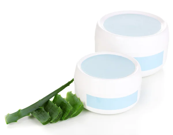 Jars of cream with aloe vera isolated on white — Stock Photo, Image