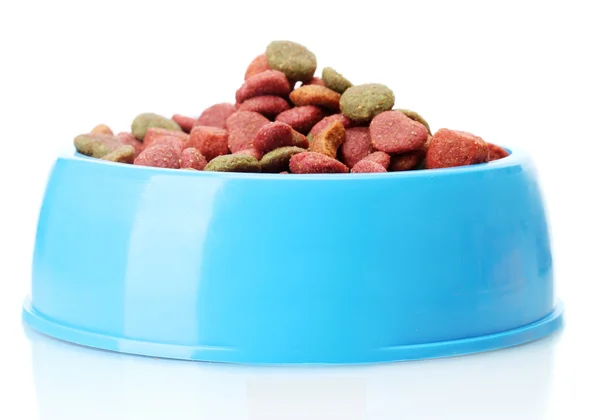 Comida seca para perros en tazón azul aislado en blanco — Foto de Stock