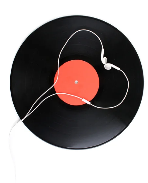 검은 비닐 레코드와 흰색 절연 헤드폰 — 스톡 사진
