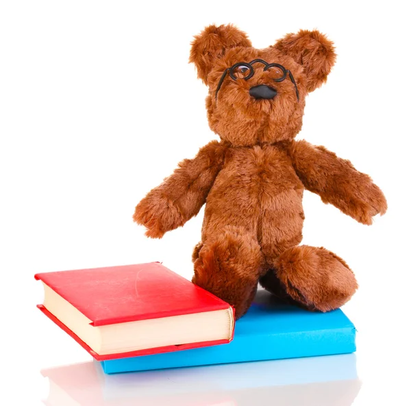 Sitting bear toy with books isolated on white — Stock Photo, Image