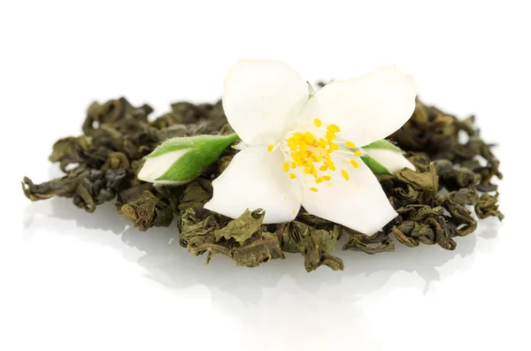 stock image Beautiful jasmine flower and dry green tea isolated on white