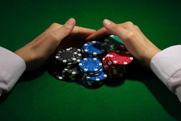 Taking win in poker on green table — Stock Photo, Image