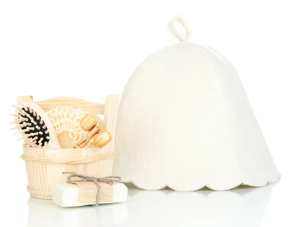 Sauna klobouk a koupelny sada izolovaných na bílém — Stock fotografie