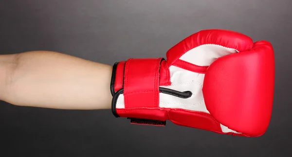Rode bokshandschoenen op handen op grijze achtergrond — Stockfoto