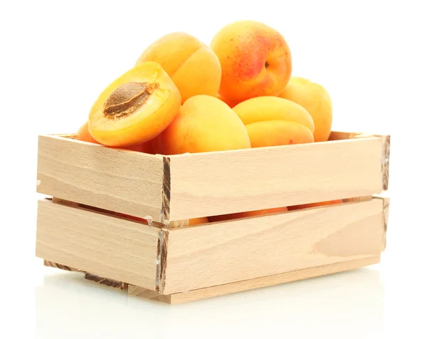 Kypsiä aprikooseja puulaatikossa eristetty valkoinen — kuvapankkivalokuva